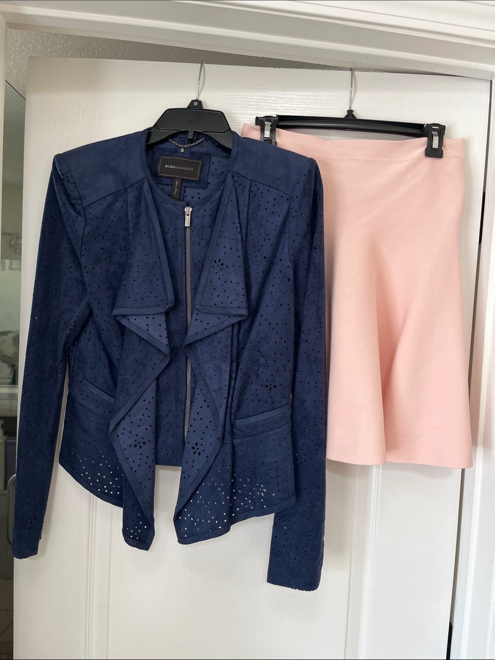 BCBGMaxAzria Eliot Navy Perforated Suede Zip Front Jacket, M